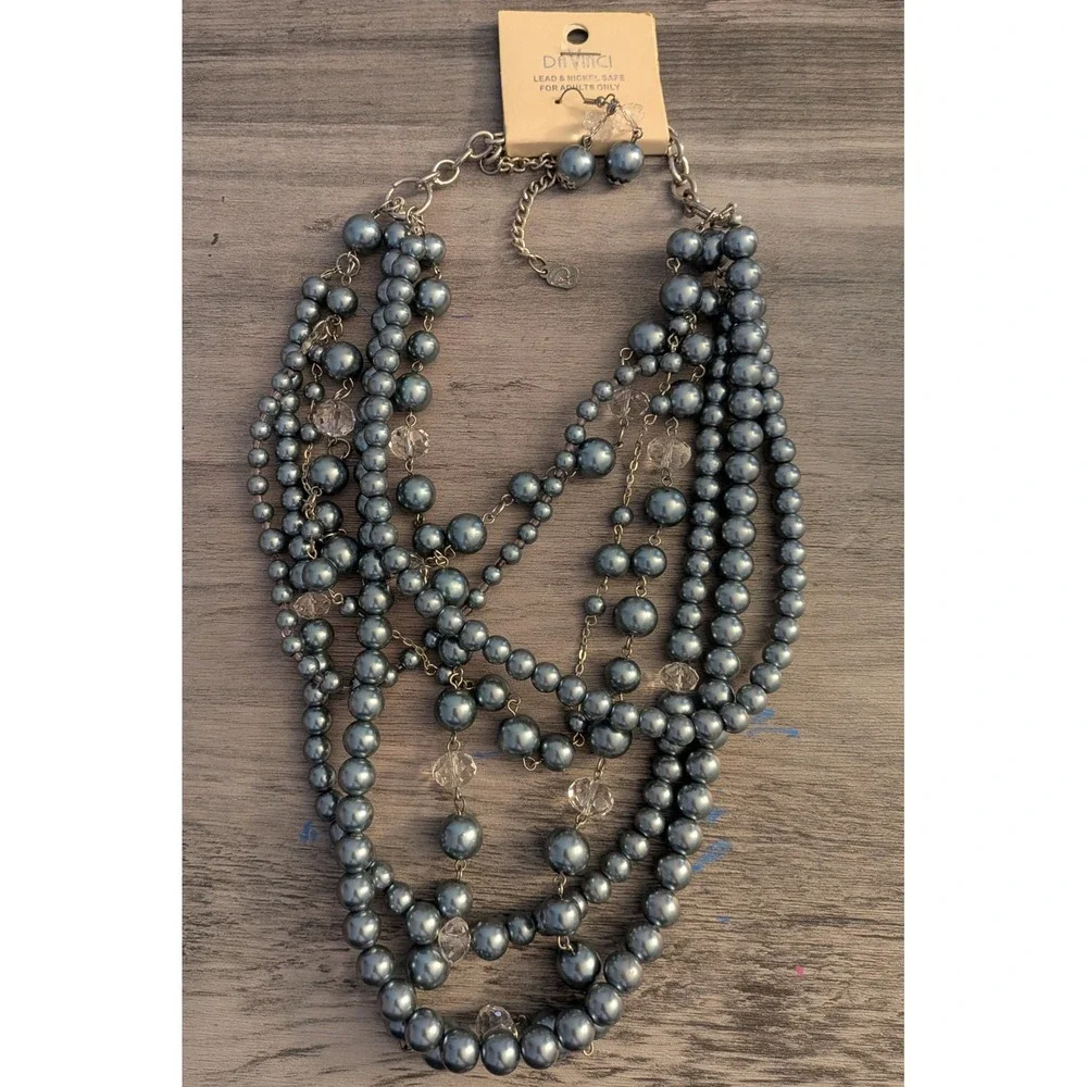 DiVinci Blue Faux Pearl Multi Strand Necklace and Earring Set NWT Statement